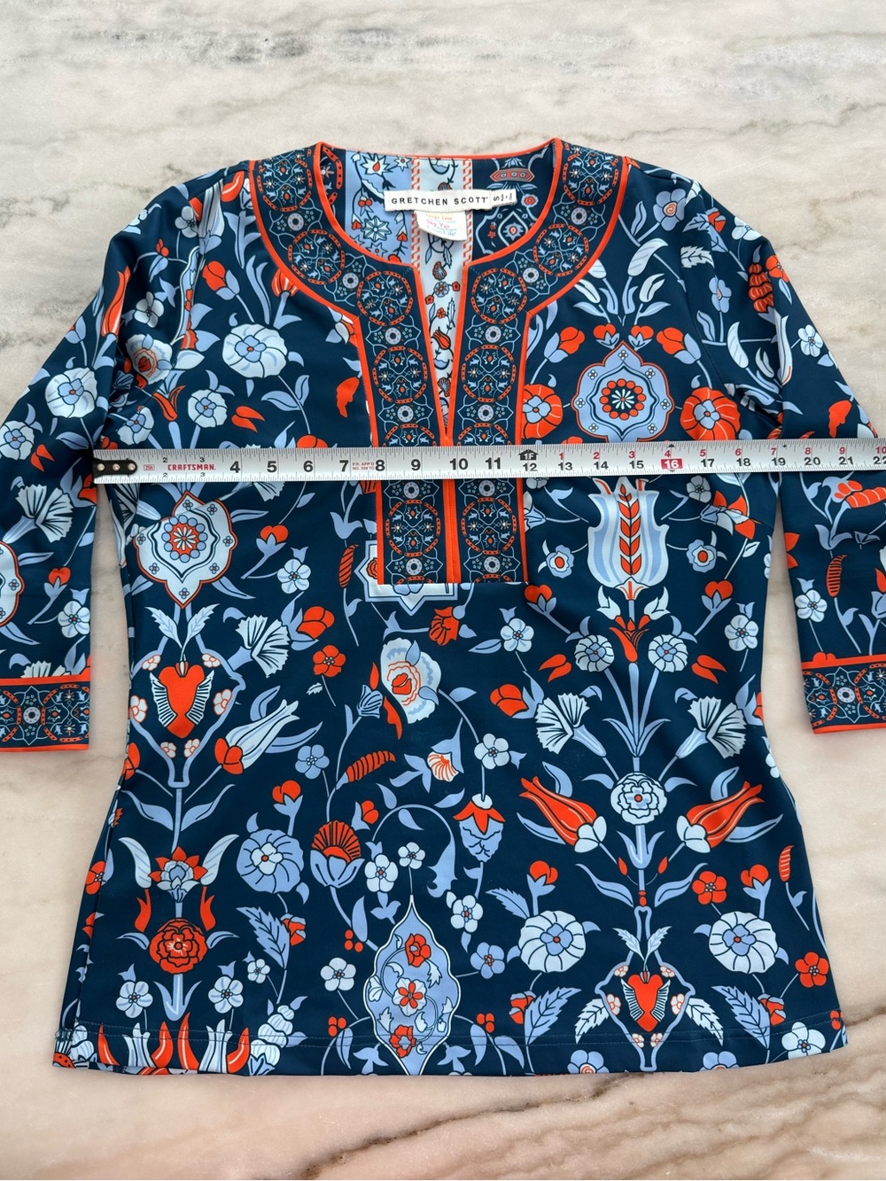 Gretchen Scott Navy Floral Print Tunic Top Orange Trim 3/4 Sleeve Women Size S - Picture 8 of 9